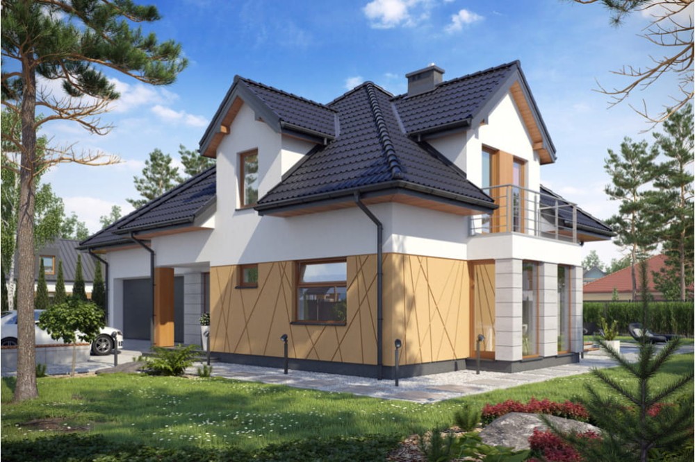 Projekt domu Augustów 2 L-6416, parterowy z poddaszem użytkowym i dwustanowiskowym garażem-kolorystyka wersja 3