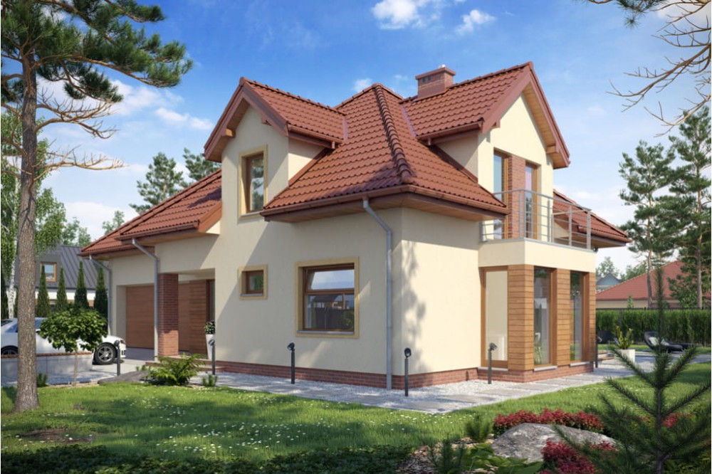 Projekt domu Augustów 2 L-6416, parterowy z poddaszem użytkowym i dwustanowiskowym garażem-kolorystyka wersja 4