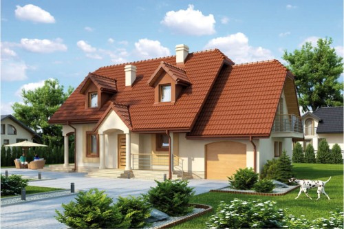 Projekt domu Pękowa 2 L-6369,  parterowy z poddaszem mieszkalnym, z garażem, bez podpiwniczenia - kolorystyka wersja 2