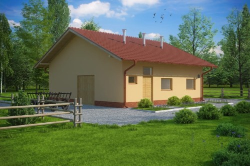 Projekt obory LZG-77, parterowy, niepodpiwniczony, bez poddasza - kolorystyka wersja 2