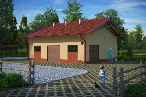 Projekt obory ZG-65, parterowy, niepodpiwniczony, bez poddasza - kolorystyka wersja 1