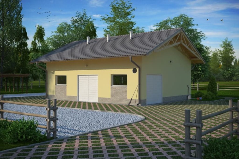 Projekt obory ZG-65, parterowy, niepodpiwniczony, bez poddasza - kolorystyka wersja 3