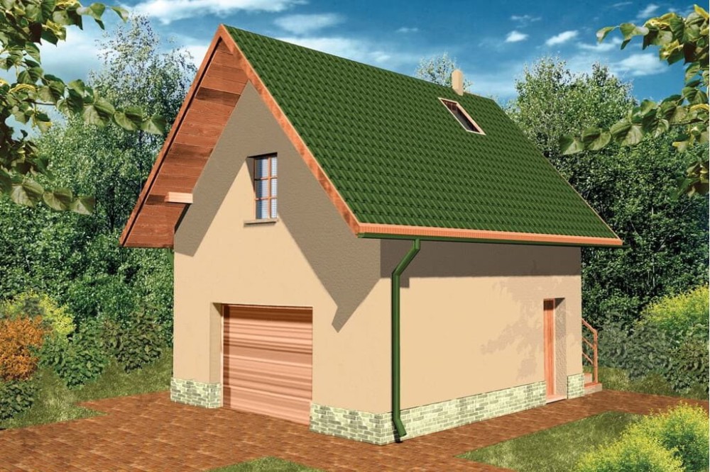 Projekt garażu jednostanowiskowego LZG-48,  parterowy z poddaszem użytkowym, bez podpiwniczenia - kolorystyka wersja 3