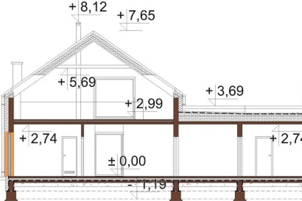 Projekt domu Deva 2 L-6709, parterowy z antresolą, jednorodzinny, tradycyjny, z garażem jednostanowiskowym, bez podpiwniczenia - przekrój A-A