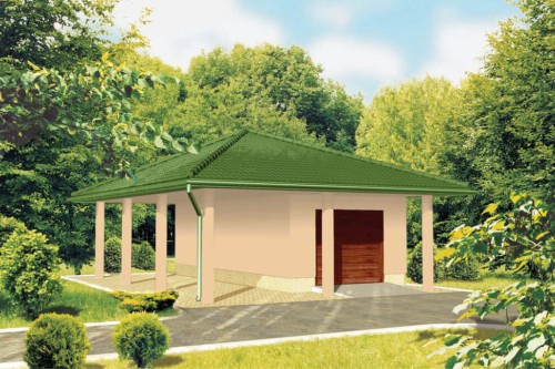 Projekt garażu jednostanowiskowego ZG-42, parterowy, bez podpiwniczenia, z wiatą - kolorystyka wersja 2