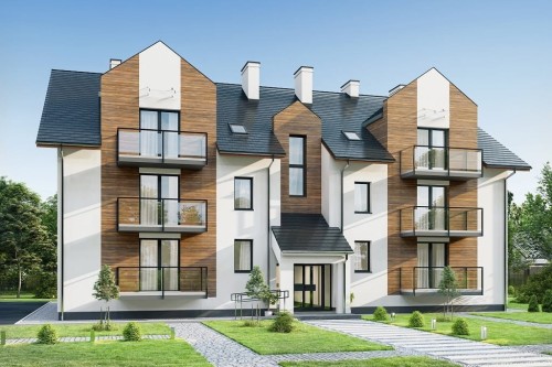 Projekt budynku wielorodzinnego L-6748, piętrowy z poddaszem użytkowym, podpiwniczony, bez garażu - kolorystyka wersja 1