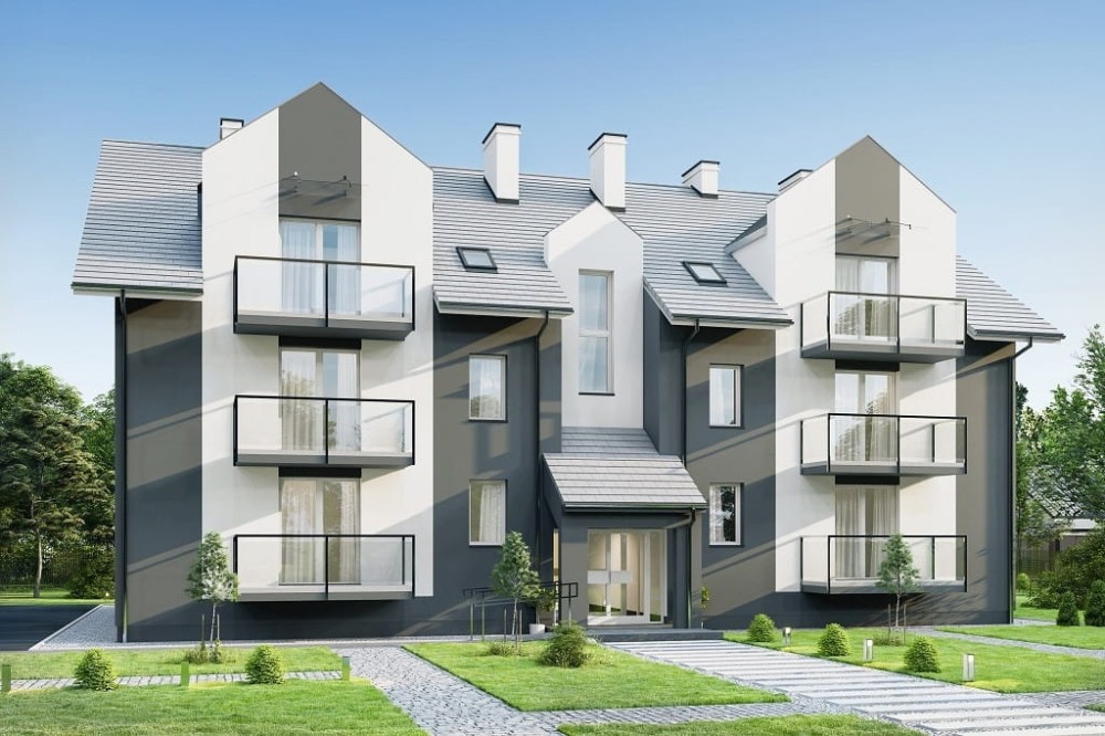 Projekt budynku wielorodzinnego L-6748, piętrowy z poddaszem użytkowym, podpiwniczony, bez garażu - kolorystyka wersja 2