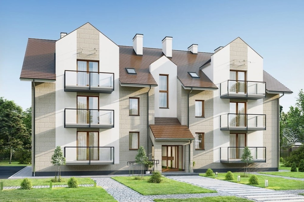 Projekt budynku wielorodzinnego L-6748, piętrowy z poddaszem użytkowym, podpiwniczony, bez garażu - kolorystyka wersja 3