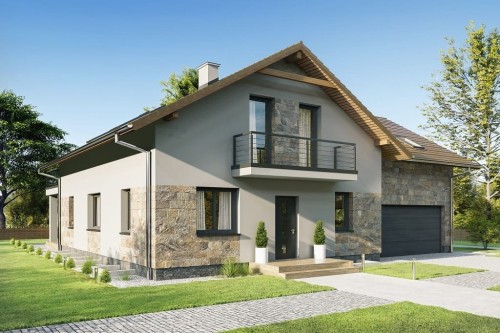 Projekt domu Gesoria 2 L-6747, parterowy z poddaszem użytkowym, garażem dwustanowiskowym i częściowym podpiwniczeniem-kolorystyka wersja 2