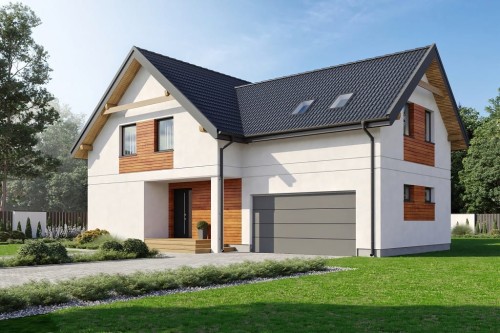 Projekt domu Sulis DM-6797, dwulokalowy, parterowy z poddaszem użytkowym, z garażem dwustanowiskowym - kolorystyka wersja 1