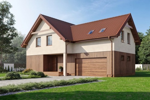 Projekt domu Sulis DM-6797, dwulokalowy, parterowy z poddaszem użytkowym, z garażem dwustanowiskowym - kolorystyka wersja 2