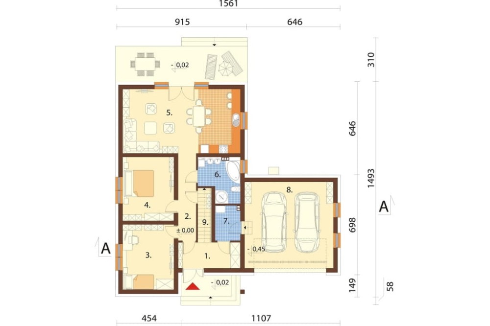 Projekt domu Sulis DM-6797, dwulokalowy, parterowy z poddaszem użytkowym, z garażem dwustanowiskowym - rzut parteru