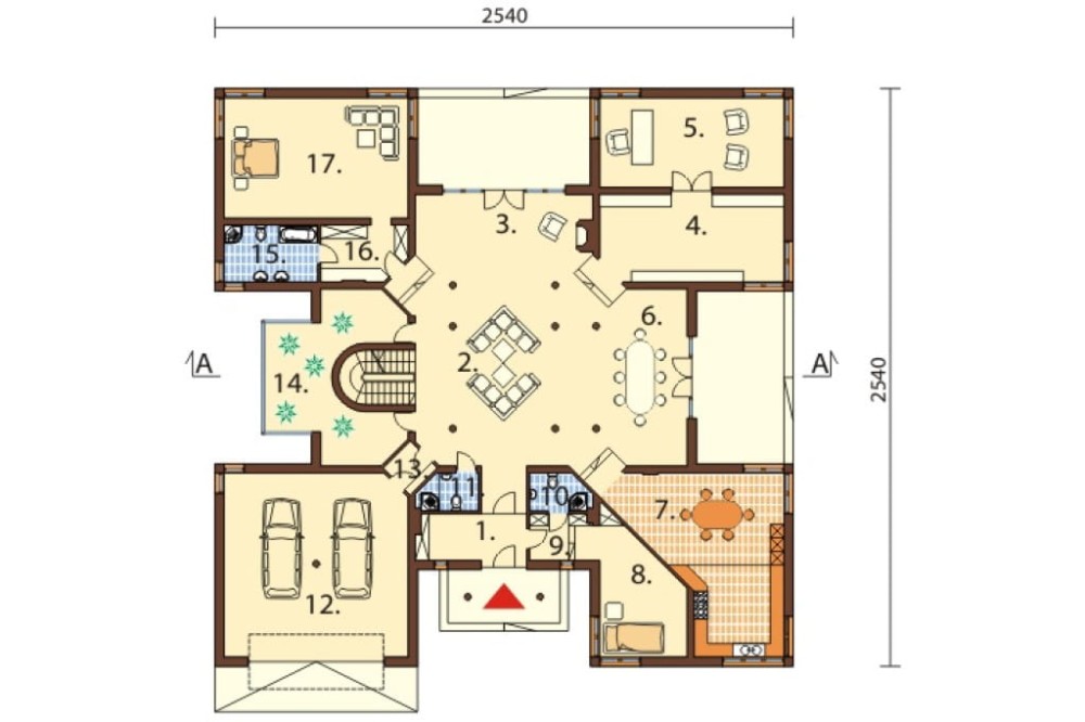 Projekt domu Tylicz RW-06, parterowy z poddaszem użytkowym, z garażem dwustanowiskowym, z podpiwniczeniem - rzut parteru