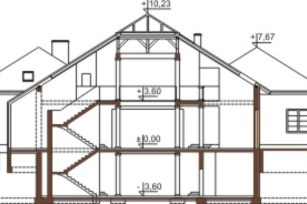 Projekt domu Tylicz RW-06, parterowy z poddaszem użytkowym, z garażem dwustanowiskowym, z podpiwniczeniem - przekrój A-A