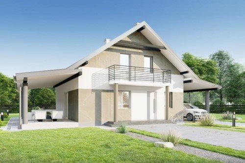Projekt domu Entro 2 L-6755, parterowy z poddaszem użytkowym, z wiatą garażową, niepodpiwniczony - kolorystyka wersja 2