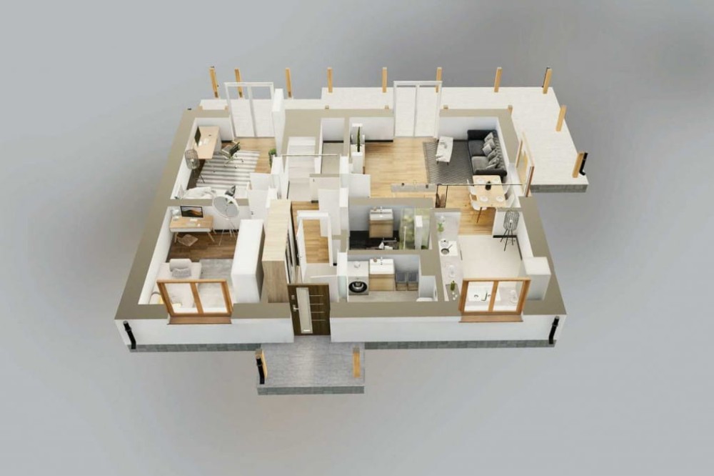 Projekt domu Prista DM-6822, parterowy z poddaszem mieszkalnym, bez podpiwniczenia  - rzut 3D parteru