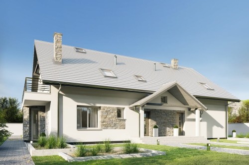 Projekt domu Etulo 2 L-6729, dwulokalowy, parterowy z poddaszem użytkowym, niepodpiwniczony, bez garażu - kolorystyka wersja 1