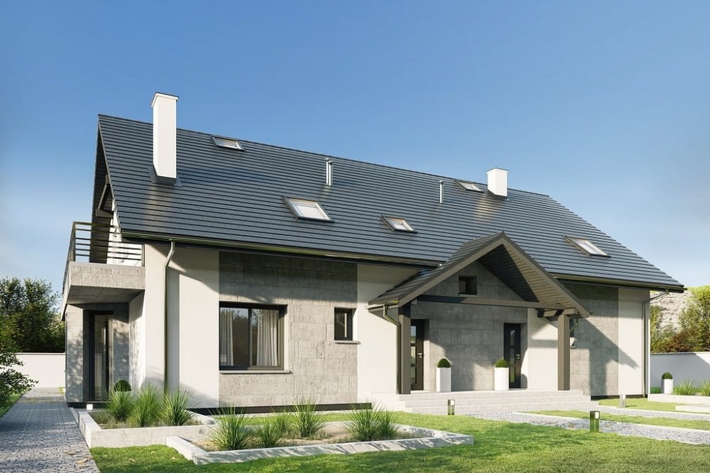 Projekt domu Etulo 2 L-6729, dwulokalowy, parterowy z poddaszem użytkowym, niepodpiwniczony, bez garażu - kolorystyka wersja 2