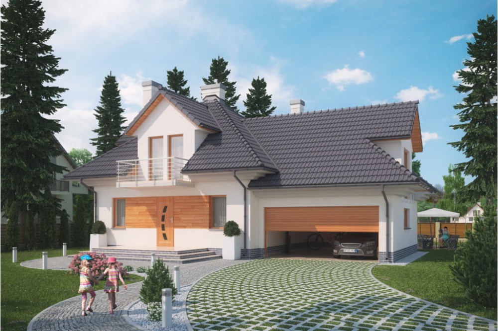 Projekt domu Korabie 2 L-6341, parterowy z poddaszem mieszkalnym, garażem, częściowo podpiwniczony - kolorystyka wersja 1