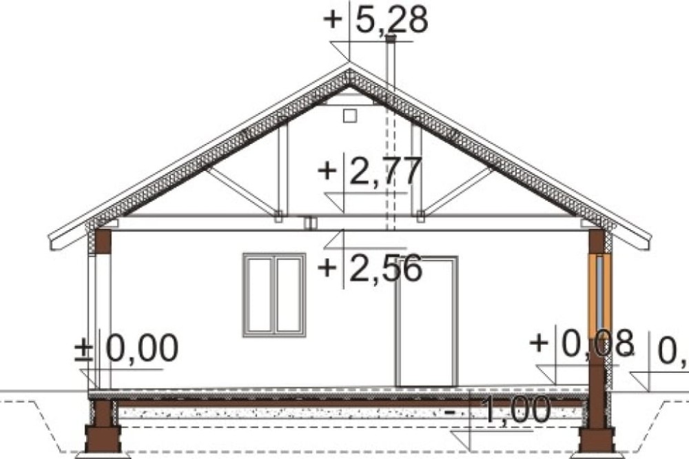 Projekt garażu dwustanowiskowego LZG-106, parterowy, bez poddasza, niepodpiwniczony - przekrój A-A