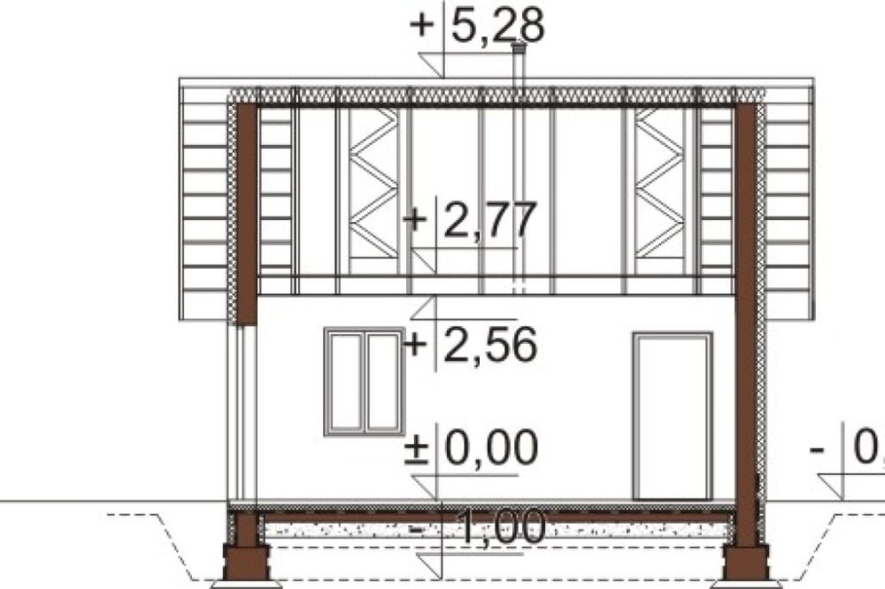 Projekt garażu dwustanowiskowego LZG-106, parterowy, bez poddasza, niepodpiwniczony - przekrój B-B