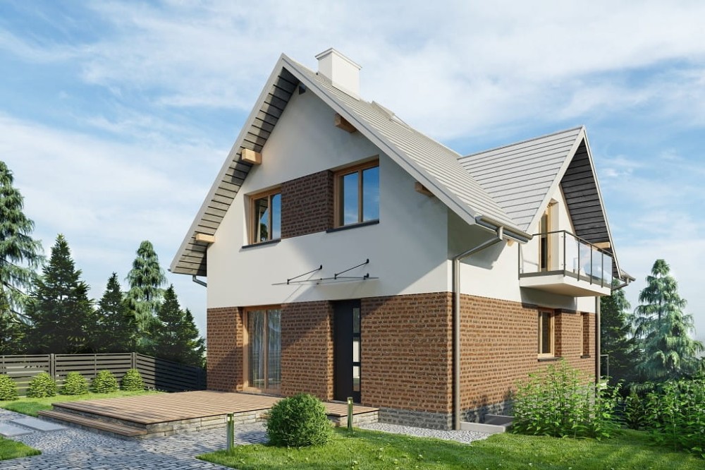 Projekt domu Cyrene DM-6767, parterowy z poddaszem użytkowym, piwnicą i garażem dwustanowiskowym - kolorystyka wersja 2