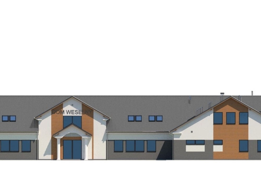 Projekt budynku gastronomicznego z zapleczem noclegowym LK-17 B, budynek parterowy z poddaszem użytkowym, bez podpiwniczenia - elewacja frontowa