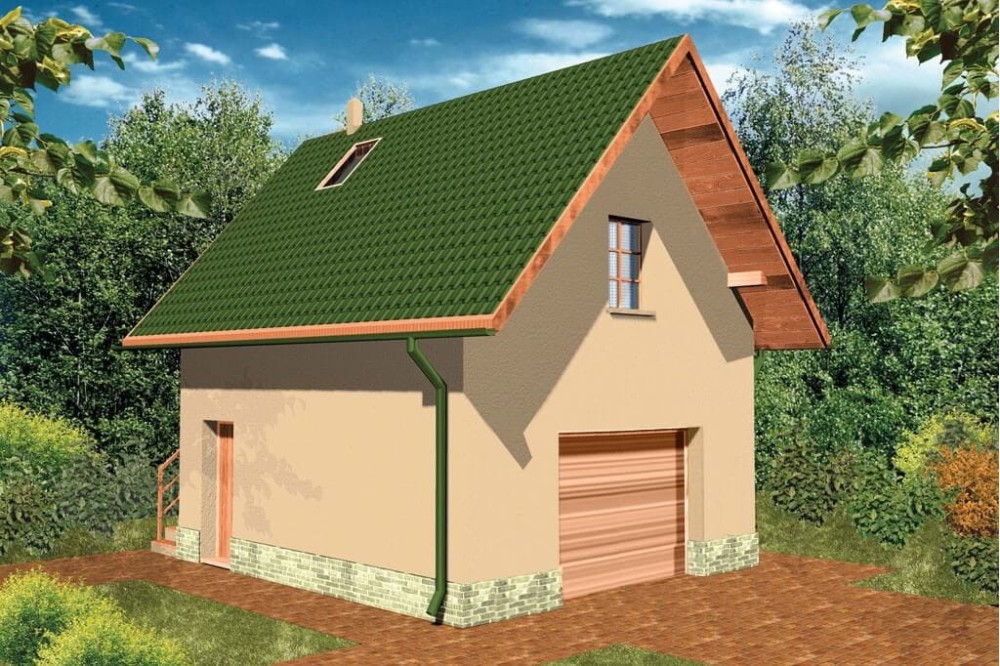 Projekt garażu jednostanowiskowego ZG-48,  parterowy z poddaszem użytkowym, bez podpiwniczenia - kolorystyka wersja 3