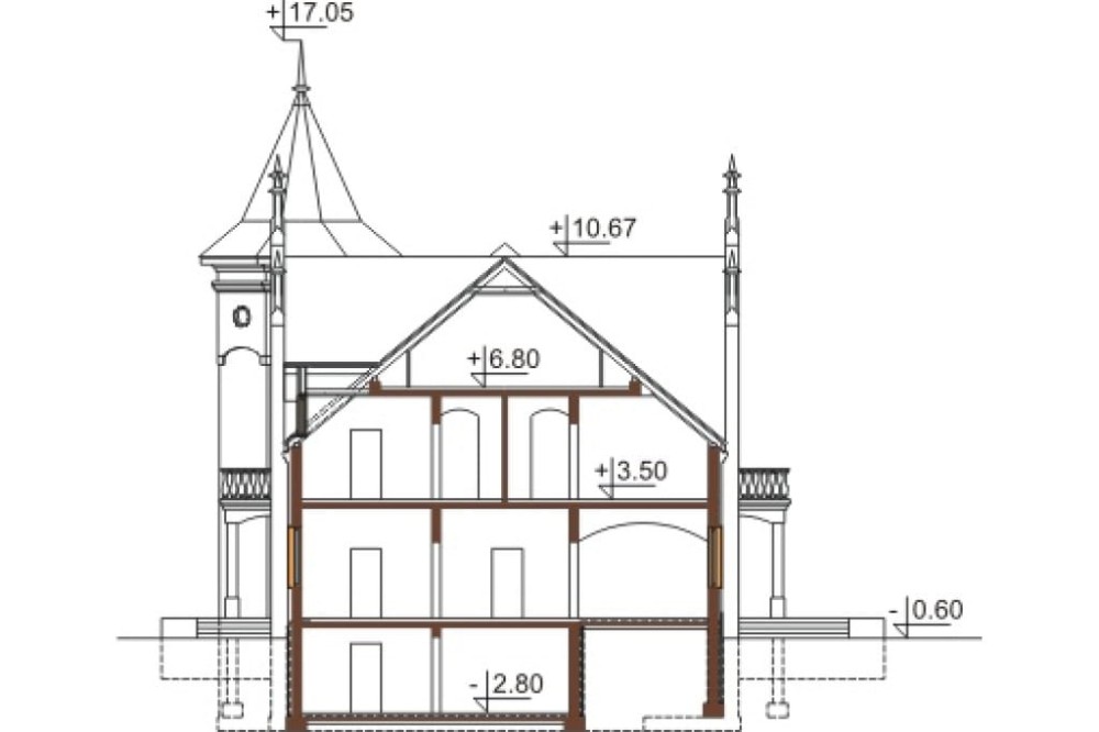 Projekt domu Sokołowiec 2 RWL-03, piętrowy z poddaszem użytkowym, z garażem czterostanowiskowym, częściowo podpiwniczony - przekrój A-A