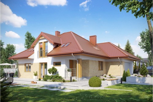 Projekt domu Uniejów DM-6418, parterowy z garażem dwustanowiskowym, poddaszem mieszkalnym, bez podpiwniczenia-kolorystyka wersja 2