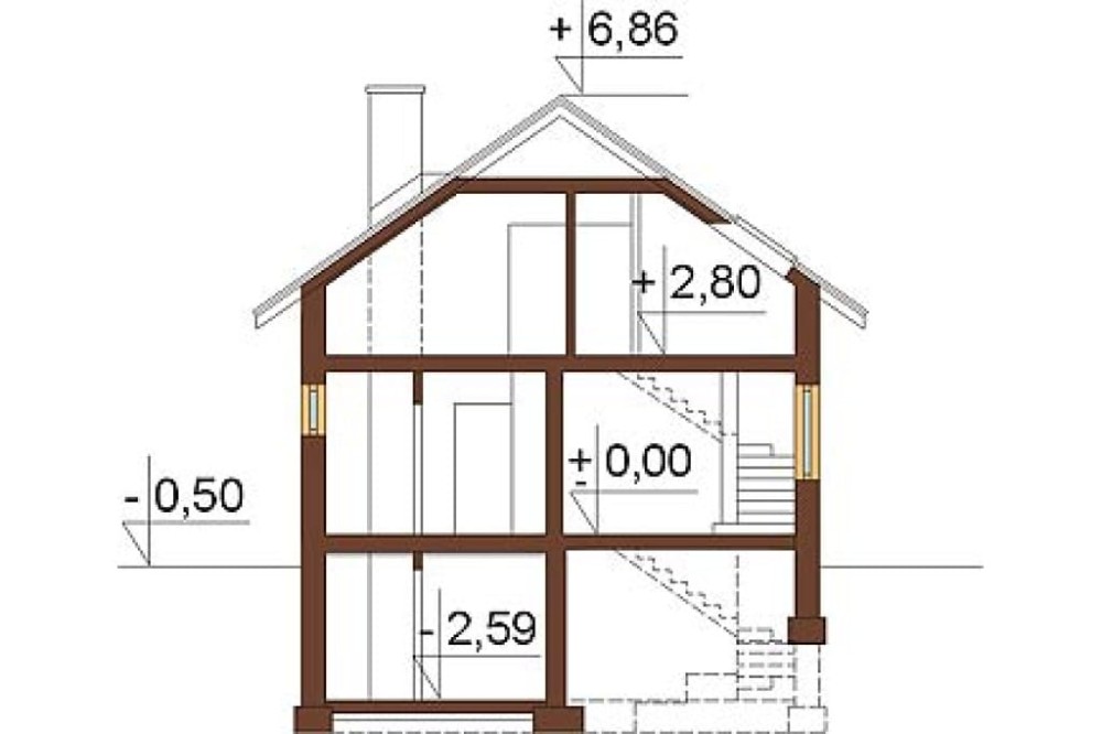 Projekt domu Laskowice L-6254, parterowy z poddaszem mieszkalnym, częściowo podpiwniczony, bez garażu - przekrój A-A
