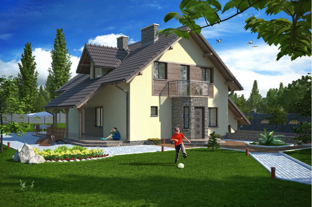Projekt domu Przysieka DM-5531,  parterowy z poddaszem mieszkalnym, częściowo podpiwniczony, z garażem - kolorystyka wersja 1