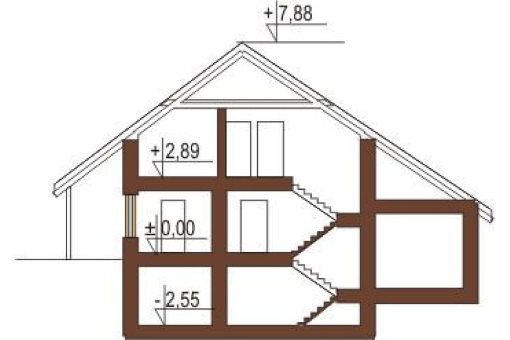 Projekt domu Przysieka DM-5531,  parterowy z poddaszem mieszkalnym, częściowo podpiwniczony, z garażem - przekrój A-A