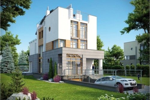Projekt domu Okszów 2 L-6195, trzypiętrowy, podpiwniczony z garażem - kolorystyka wersja 1