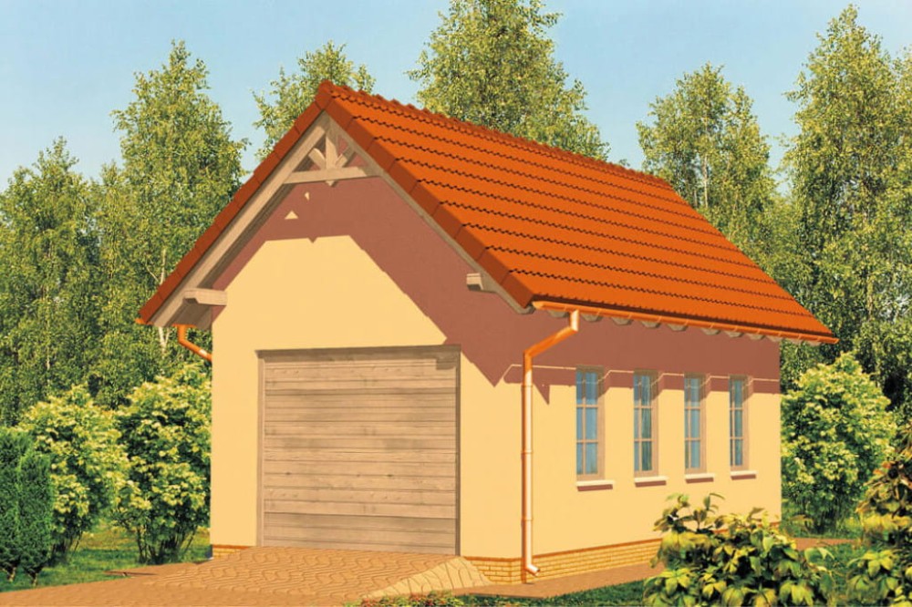 Projekt garażu jednostanowiskowego LZG-36, parterowy ze strychem, bez podpiwniczenia - kolorystyka wersja 2
