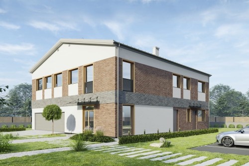 Projekt budynku biurowo-usługowego K-142, dwukondygnacyjny (parter, I piętro) z garażem 3 stanowiskowym-kolorystyka wersja 1