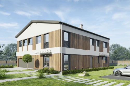 Projekt budynku biurowo-usługowego K-142, dwukondygnacyjny (parter, I piętro) z garażem 3 stanowiskowym-kolorystyka wersja 2