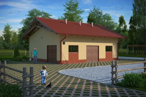 Projekt obory LZG-65, parterowy, niepodpiwniczony, bez poddasza - kolorystyka wersja 1