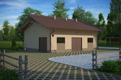 Projekt obory LZG-65, parterowy, niepodpiwniczony, bez poddasza - kolorystyka wersja 2
