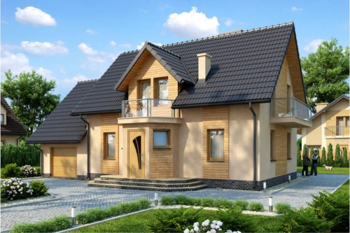 Projekt domu Jantar 2 L-6357, parterowy z garażem, z poddaszem mieszkalnym, bez podpiwniczenia - kolorystyka wersja 1