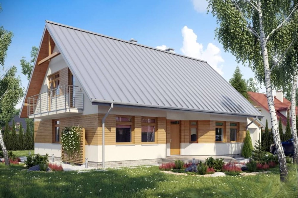 Projekt domu Chociejów N DM-6149 N, parterowy z poddaszem mieszkalnym, z garażem, częściowo podpiwniczony - kolorystyka wersja 3