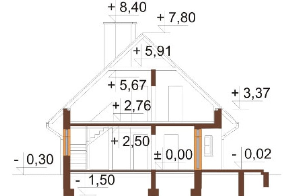 Projekt domu Chociejów N DM-6149 N, parterowy z poddaszem mieszkalnym, z garażem, częściowo podpiwniczony - przekrój A-A