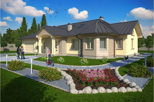 Projekt domu Bilcza DM-5508, parterowy z poddaszem mieszkalnym, bez podpiwniczenia z garażem - kolorystyka wersja 1