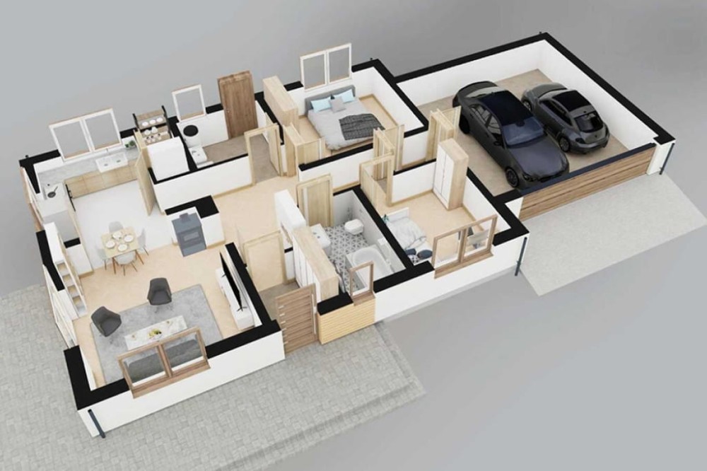 Projekt domu Adra DM-6856, parterowy, niepodpiwniczony,  z garażem dwustanowiskowym - rzut 3D parteru