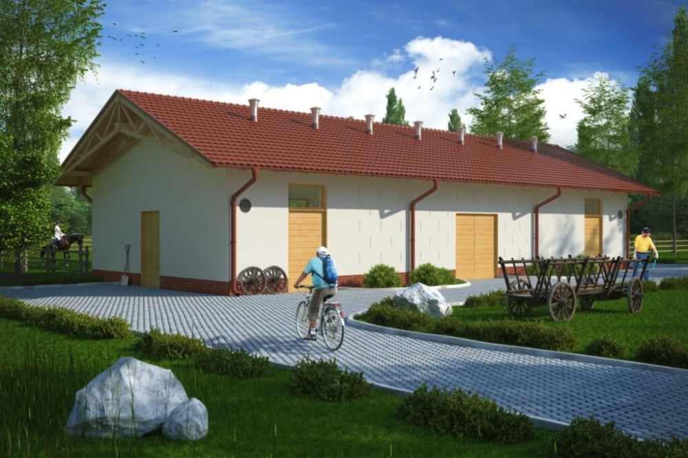 Projekt stajni ZG-73, parterowy, niepodpiwniczony, bez poddasza - kolorystyka wersja 1