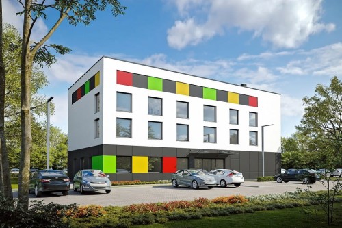 Projekt centrum sportu K-137, dwukondygnacyjny (parter i piętro), bez garażu i piwnicy-kolorystyka wersja 2