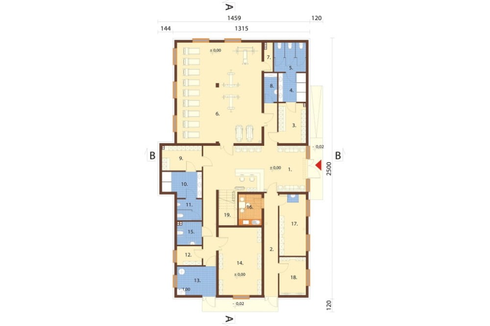 Projekt centrum sportu K-137, dwukondygnacyjny (parter i piętro), bez garażu i piwnicy - rzut parteru