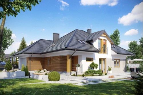 Projekt domu Uniejów 2 L-6418, parterowy z garażem dwustanowiskowym, poddaszem mieszkalnym, bez podpiwniczenia-kolorystyka wersja 1
