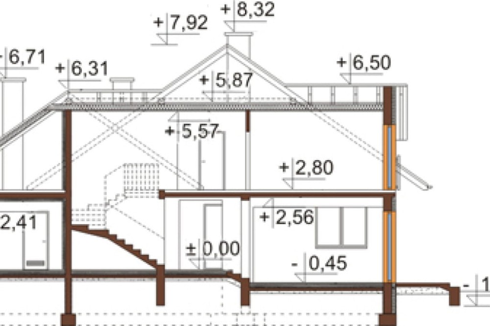 Projekt domu Uniejów 2 L-6418, parterowy z garażem dwustanowiskowym, poddaszem mieszkalnym, bez podpiwniczenia -przekrój A-A