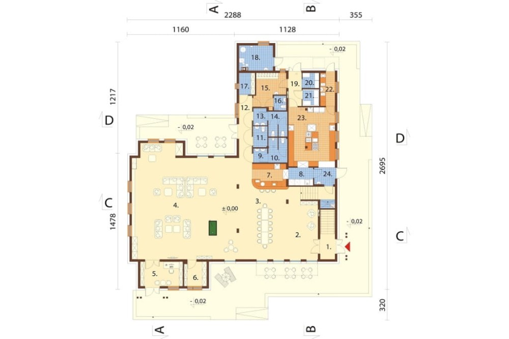 Projekt budynku gastronomiczno - motelowego DM-6830, parterowy z poddaszem użytkowym, bez podpiwniczenia i bez garażu - rzut parteru